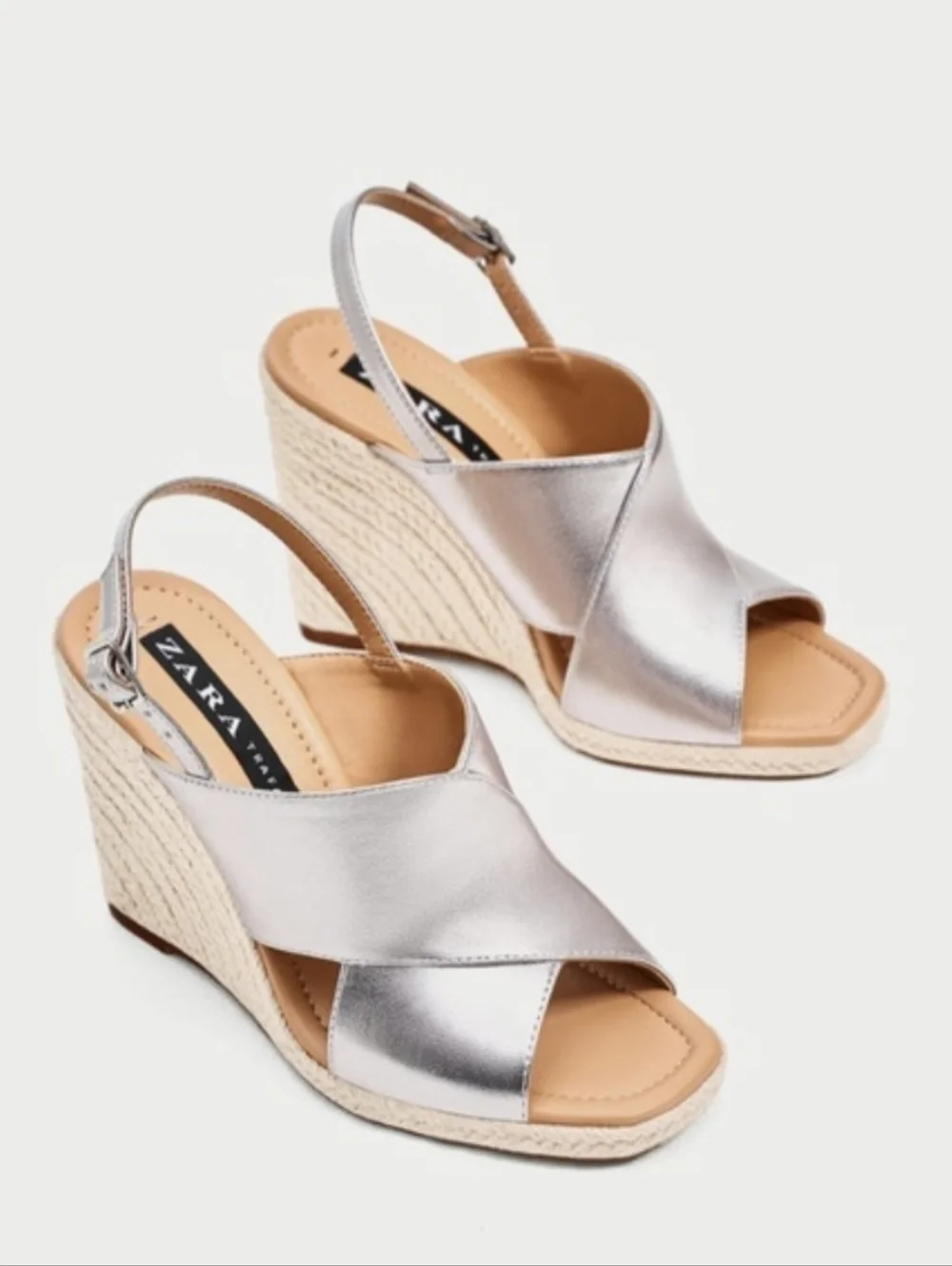 Zara TRF Metallic Silver Espadrille Wedge 37 Sandals Slingback Platform Mrtallic - Picture 1 of 15